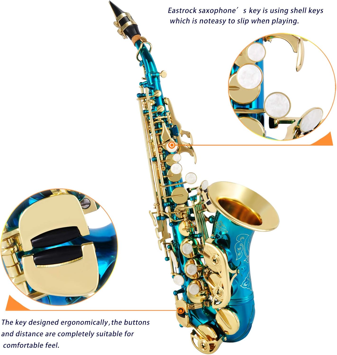 EASTROCK Soprano Saxophone Curved Bb Flat blue Sax Instruments for Beginners Intermediate Players with Carrying Case,Mouthpiece,Pads,Reed,Cleaning kit,neck Strap,White Gloves