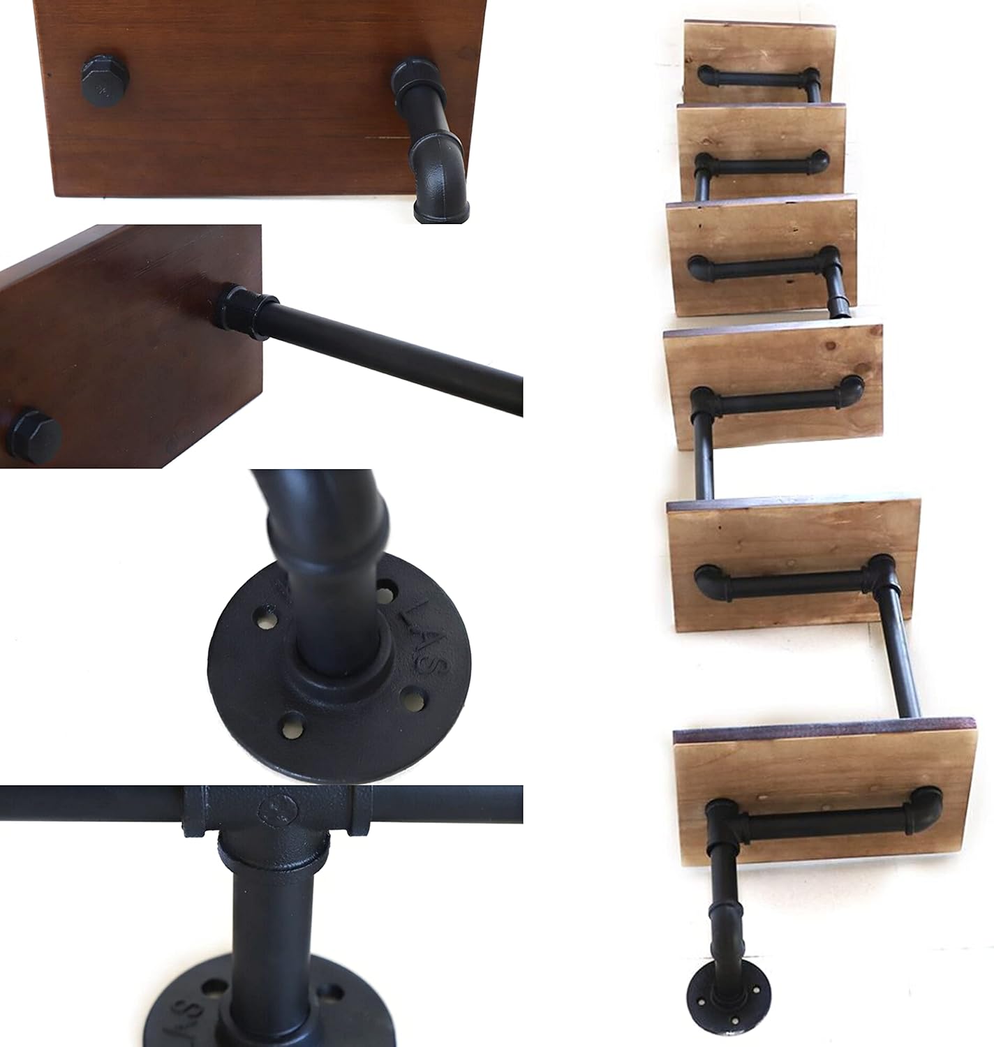 Wall Shelves Bookcase, Industrial Bookshelf 6-Tier Ladder Shelf, Vintage Metal Pipes and Wood Shelves, Rustic Display Bookshelf for Bedroom Laundry Room Bathroom Living Room Decor