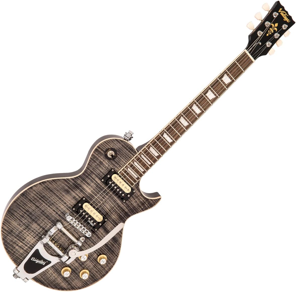 Vintage Reissued Series V100BLB Electric Guitar, Flamed Thru Black W/ Bigsby