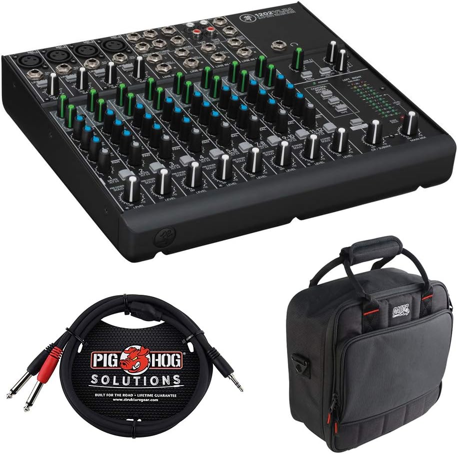 Mackie 1202VLZ4 12-Channel Compact Mixer with G-MIXERBAG-1212 Padded Nylon Mixer/Equipment Bag & PB-S3410 3.5 mm Stereo Breakout Cable, 10 feet Bundle