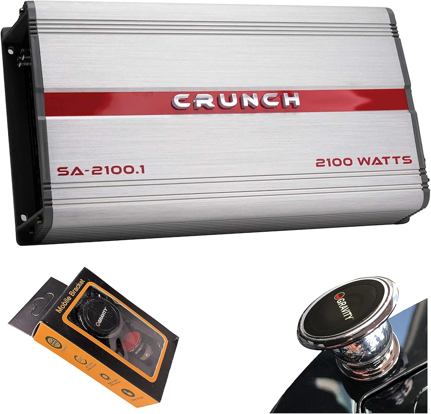 Crunch SA-2100.1 Smash Series 2,100-Watt Monoblock Class AB Amp Car Audio Sound System Subwoofer Speaker Amp Amplifier with Gravity Magnet Phone Holder Bundle