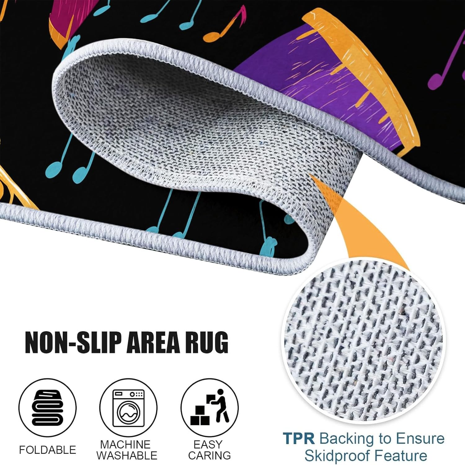 Round Printed Rug 5 ft Washable Circle Rug, Cartoon Musical Notes Drums Machine Washable Area Rugs, Black Non-Slip Low Pile Carpets for Kids Room Dining Room Entrance Bedside Mats Floor Decor