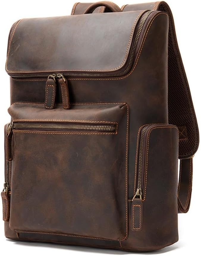Genuine Leather Briefcase Backpack for Men Large Laptop Multi-Compartment School Work Travel Camping Gift Box (Coffee)