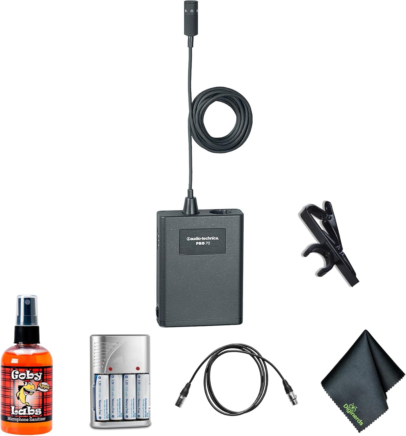 Audio-Technica Pro 70 Cardioid Lavalier Microphone + Microfiber Cleaning Cloth + Goby Labs Microphone Cleaner + 10 Ft XLR Cable + 4xAA Batteries with Charger