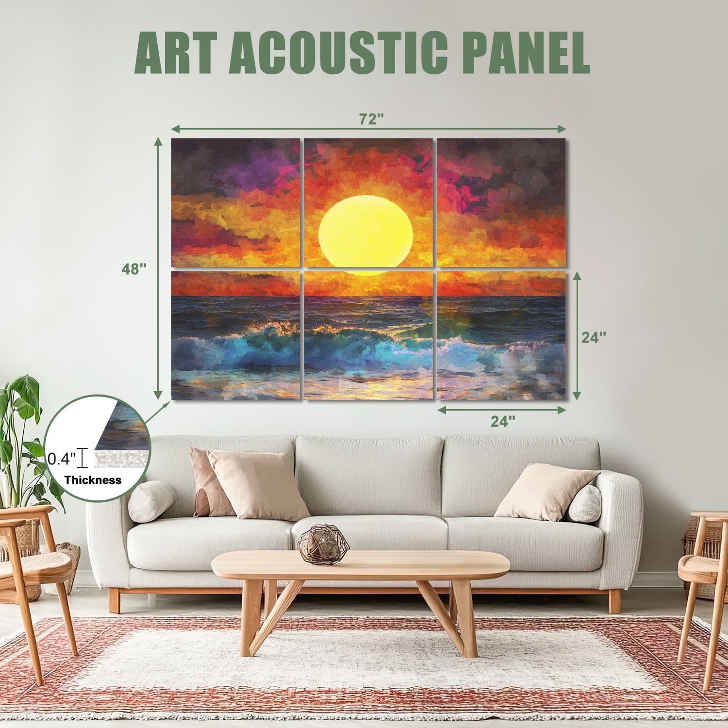 6 Pack Art Acoustic Panels Sound Absorbing Colorful Abstract Geometric Sunset Sea Pictures Bright Ocean Waves Sky Decorative Soundproof Wall Panels Self Adhesive for Recording Studios Office 72