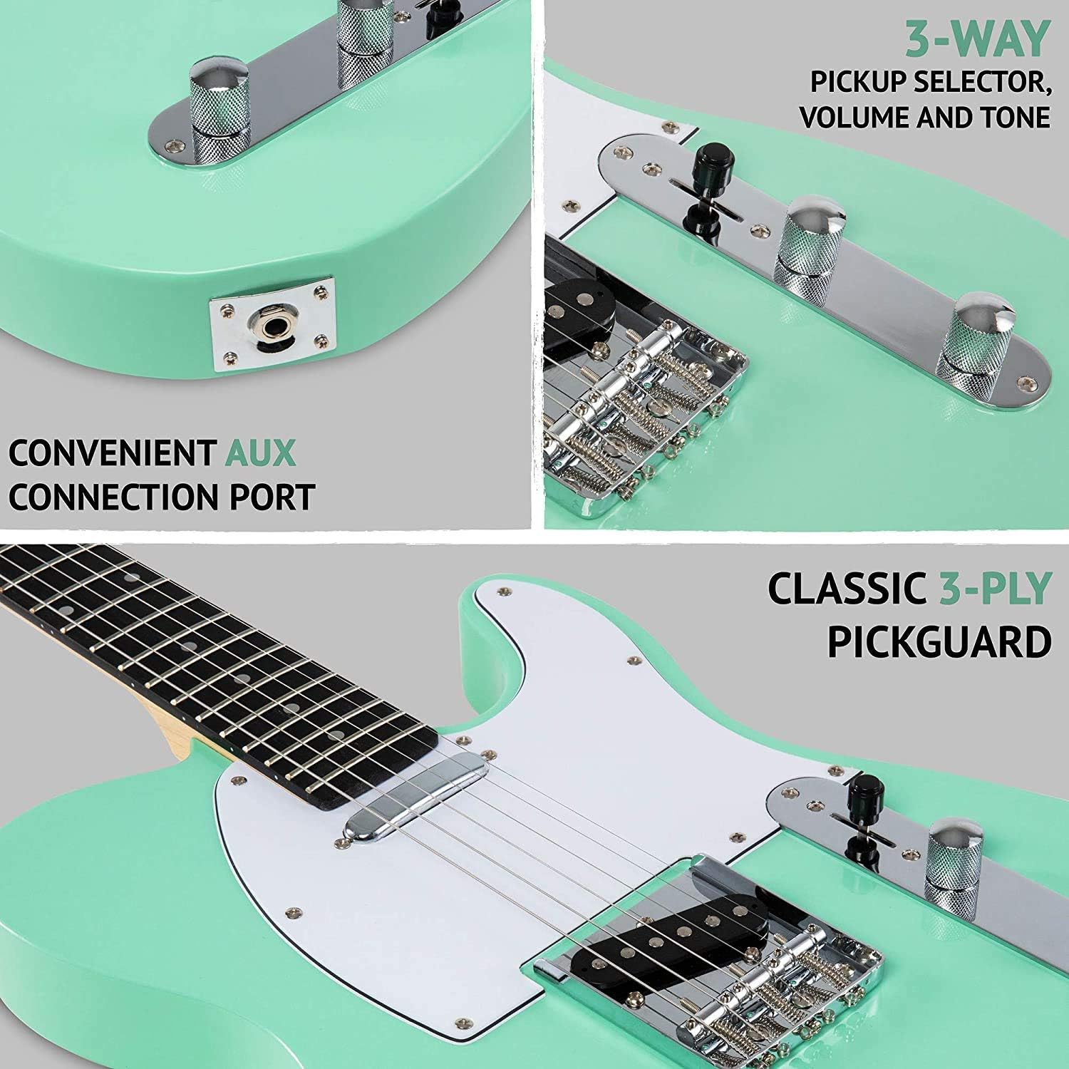 LyxPro Full-Size 39” Electric Telecaster Guitar Green, Solid Wood, Mackie Onyx Artist 2-2 Audio/Midi interface With Pro Tools First/Tracktion Music Production Software Kit, Professional Headphones