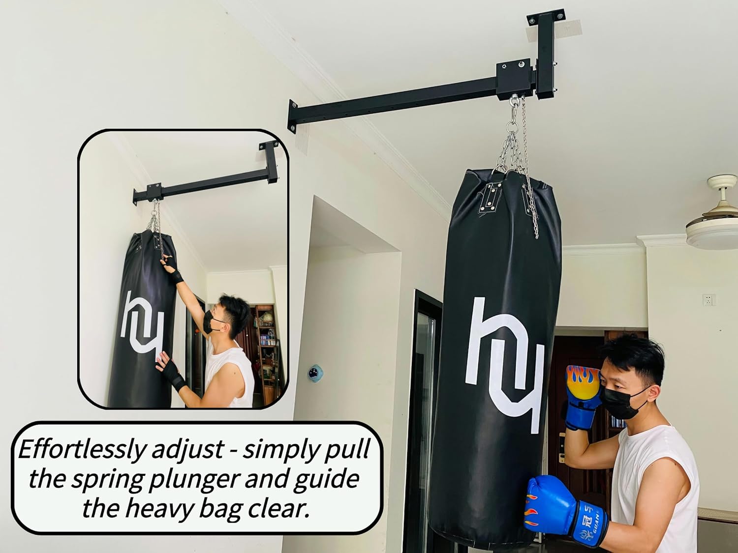 Wall Ceiling Heavy Bag Hanger Roller Mount Saving Space 44'' Long Ease Adjust for Heavy Punching Bags up to 300 LBS