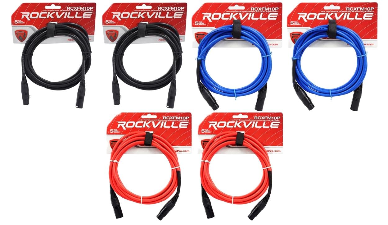 Rockville Bundle: (2) RV RCXFM10P-B Black Female to Male REAN XLR Cable Bundle with (2) RV RCXFM10P-BL Blue Female to Male REAN Cable & (2) RV RCXFM10P-R Red Female to Male REAN XLR Cable (Items 6)