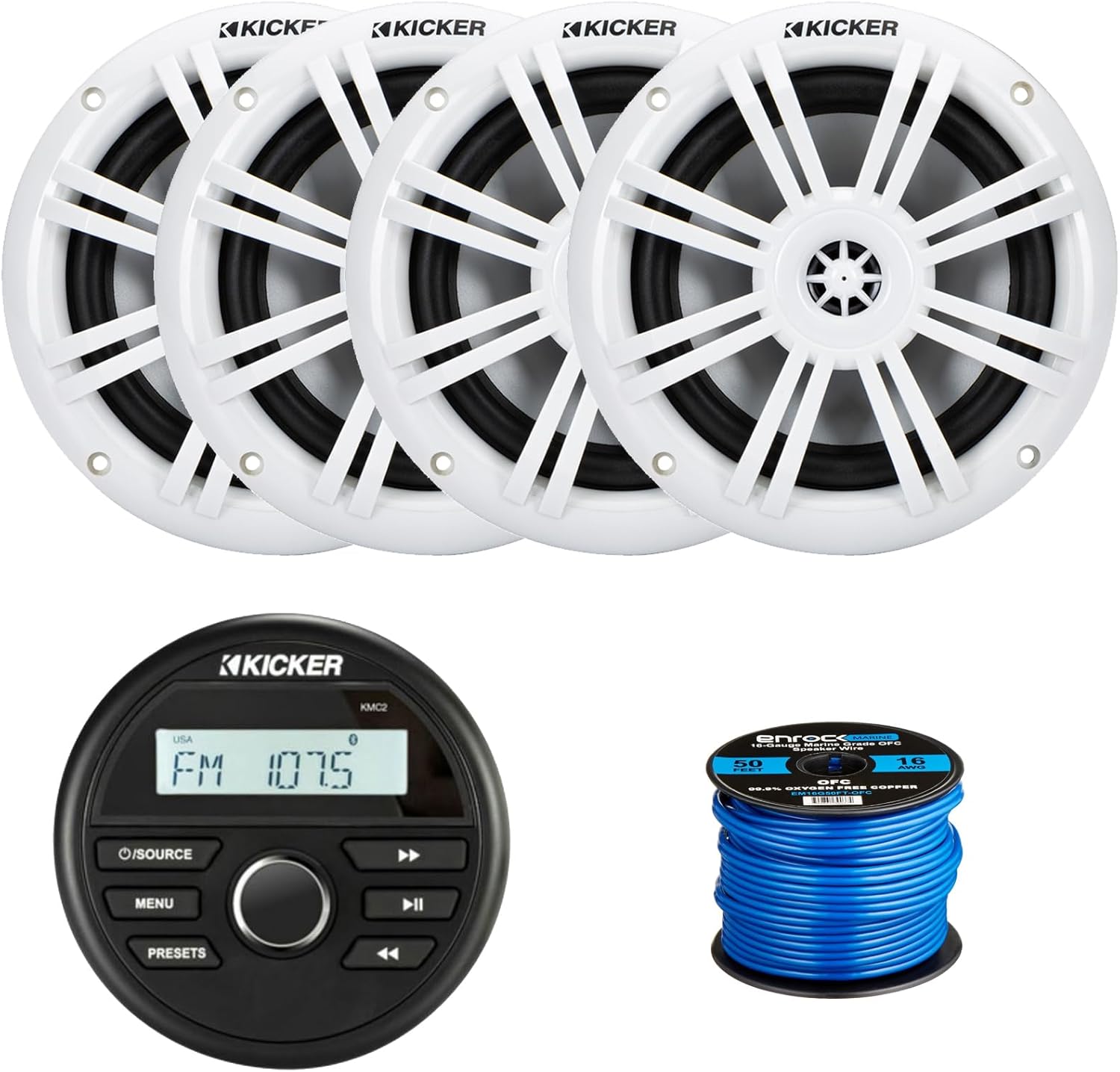 Kicker All-Weather Marine Gauge Style Bluetooth USB Stereo Receiver with 4X 6.5 150 Watt Max Power 2-Way White Boat Audio Speakers, 50-Feet 16-Gauge Speaker Wire