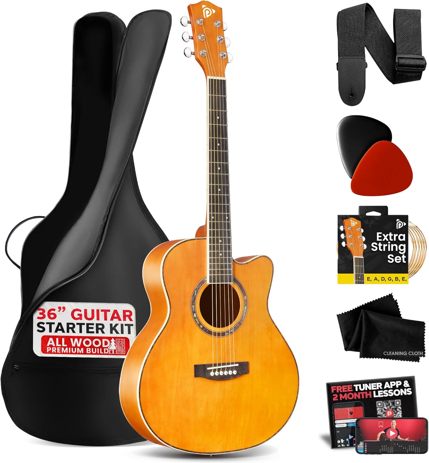 Pyle Steel String Acoustic Guitar Kit, 3/4 Junior Size Cutaway All-Wood Guitarra Acustica with Premium Accessory Set and Upgraded Gig Bag, 36