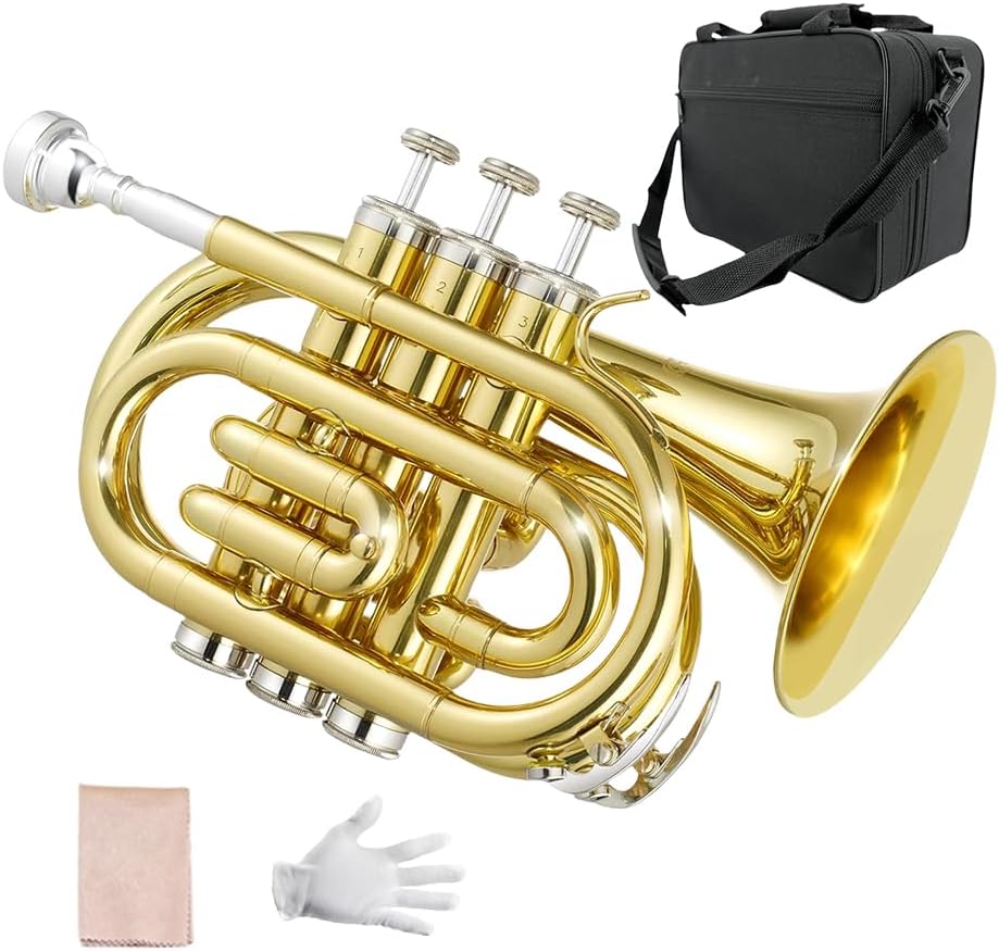 Yinfente Bb Flat Pocket Trumpet Bass Trumpet For Beginner,Student With Cleaning cloth, Silver plated 7C mouthpiece,hard case White gloves (Gold)