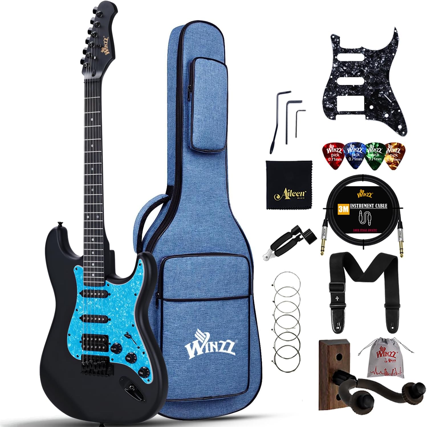 Winzz Adult Electric Guitar 4/4 Full Size, HSS Pickup, Guitar Electric ST for Beginners Starter Pack with 12 Accessories, Ideal Kids Electric Guitar Kit 12+ Years (39