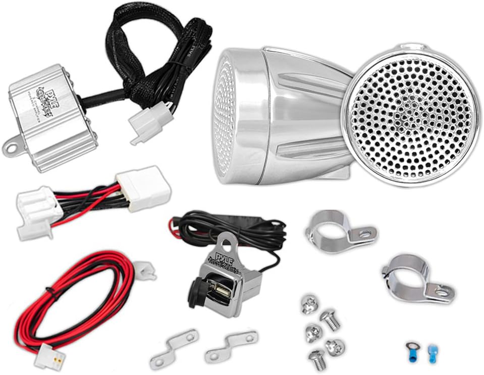 Pyle PLMCA61 600-Watt Motorcycle/ATV Amplifier with Dual Handle-Bar Mount Weatherproof Speakers, MP3/iPod Input, USB Charger - Set of 2