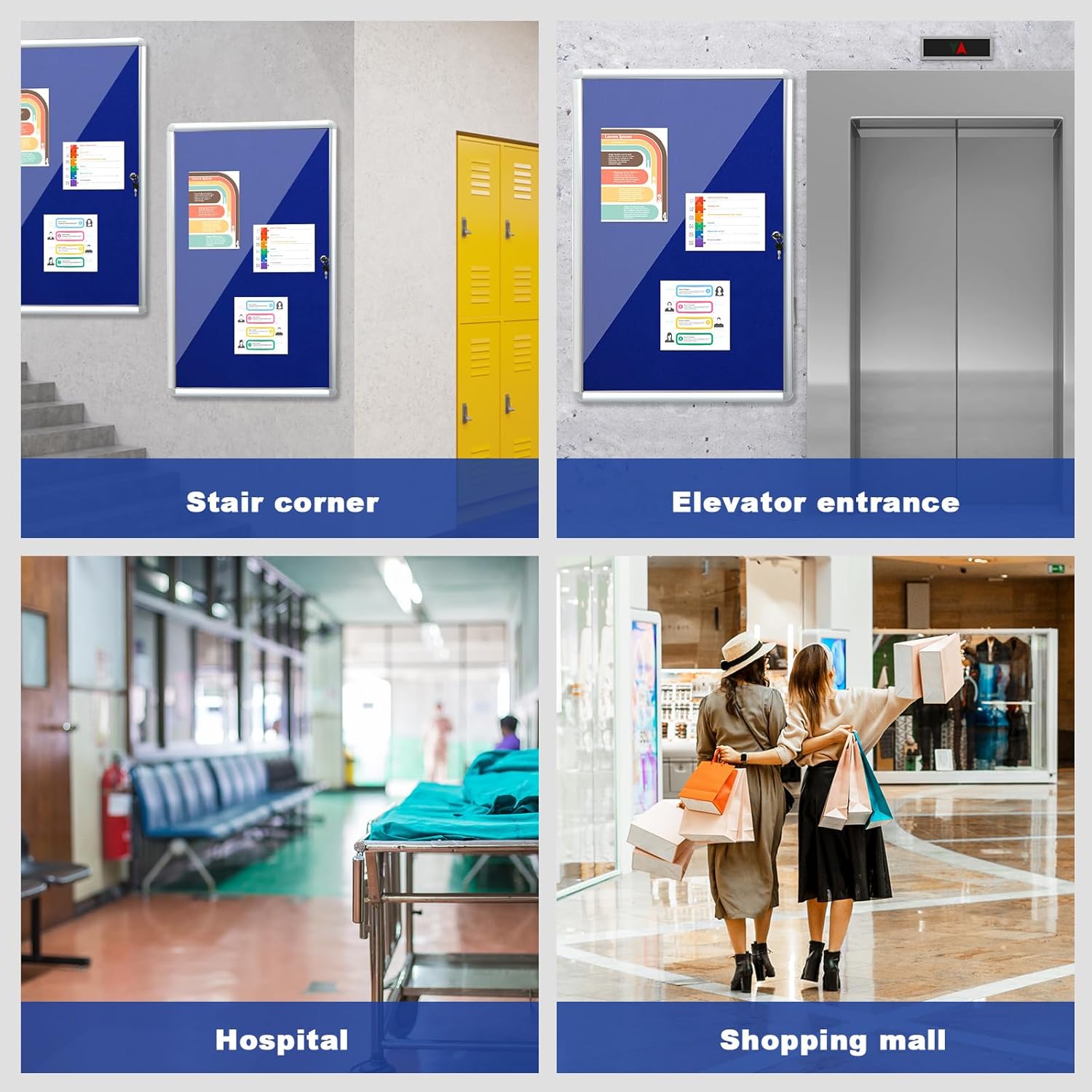 Blue Enclosed Bulletin Boards 36 x 46.5 Inch Lockable Noticeboard Displays Cork Boards Wall with Locking Door, Outdoor Bulletin Board Windproof Ideal for School Office Notices