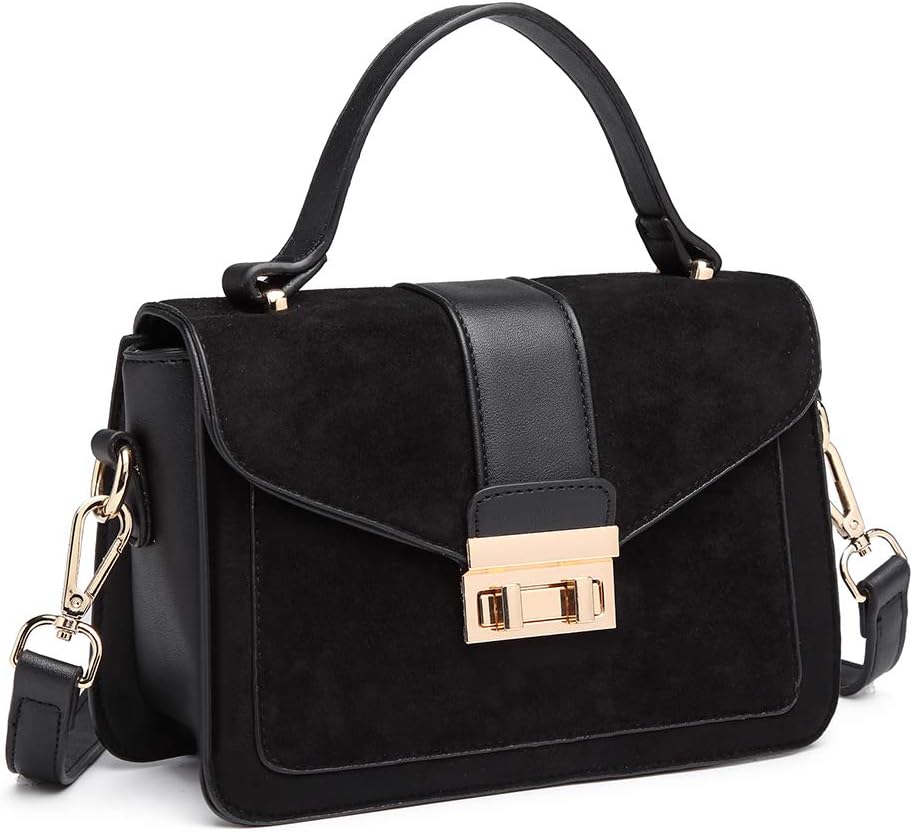Miss Lulu Women's Small Handbag, Square Metal Buckle Flap Cross body Bag, Elegant Suede and PU Leather Shoulder Bag