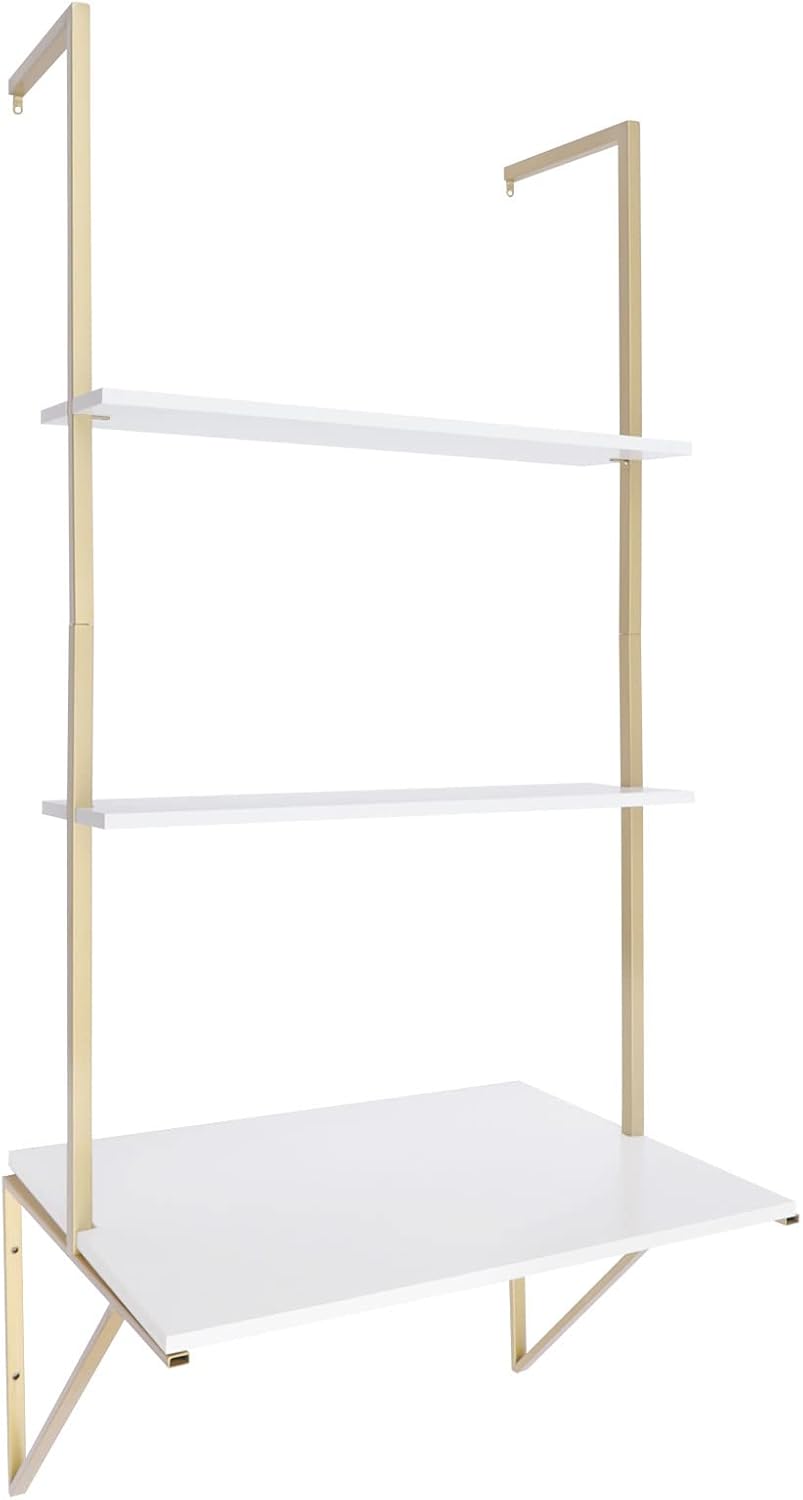 Wall Mount Desk 3-Tier Ladder Computer Desk with Storage Bookshelf Wall Table Industrial Bookcase Desk Industrial Floating Shelves for Home Office White