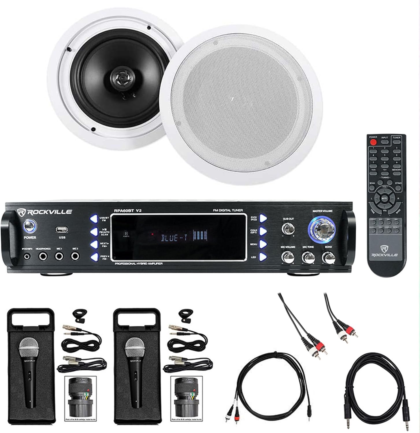 Rockville RPA60BT V2 Bundle: 1000W Bluetooth Amplifier Mixer, (2) HC85 8 in 700-Watt in-Ceiling Speakers, (2) RMC-XLR Wired Mics, RCDR10B RCA Cable, RNRMR10 3.5 mm to RCA Cable, TS1224 Aux, 8-Items