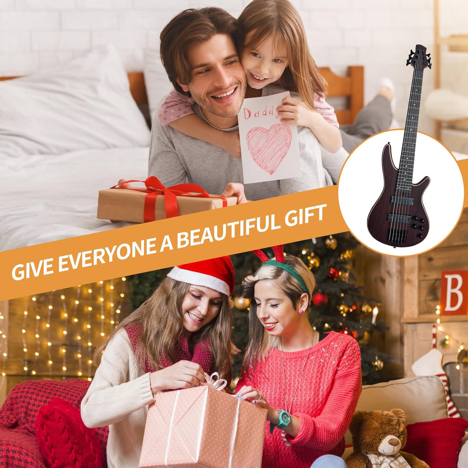 6 String Electric Bass Full Size 6 String Electric Bass Guitar, Electric Bass Guitar Electric Bass, Solid Mahogany Body with Rosewood+Maple Surface, Maple Neck, Rosewood Fingerboard (BLACK)