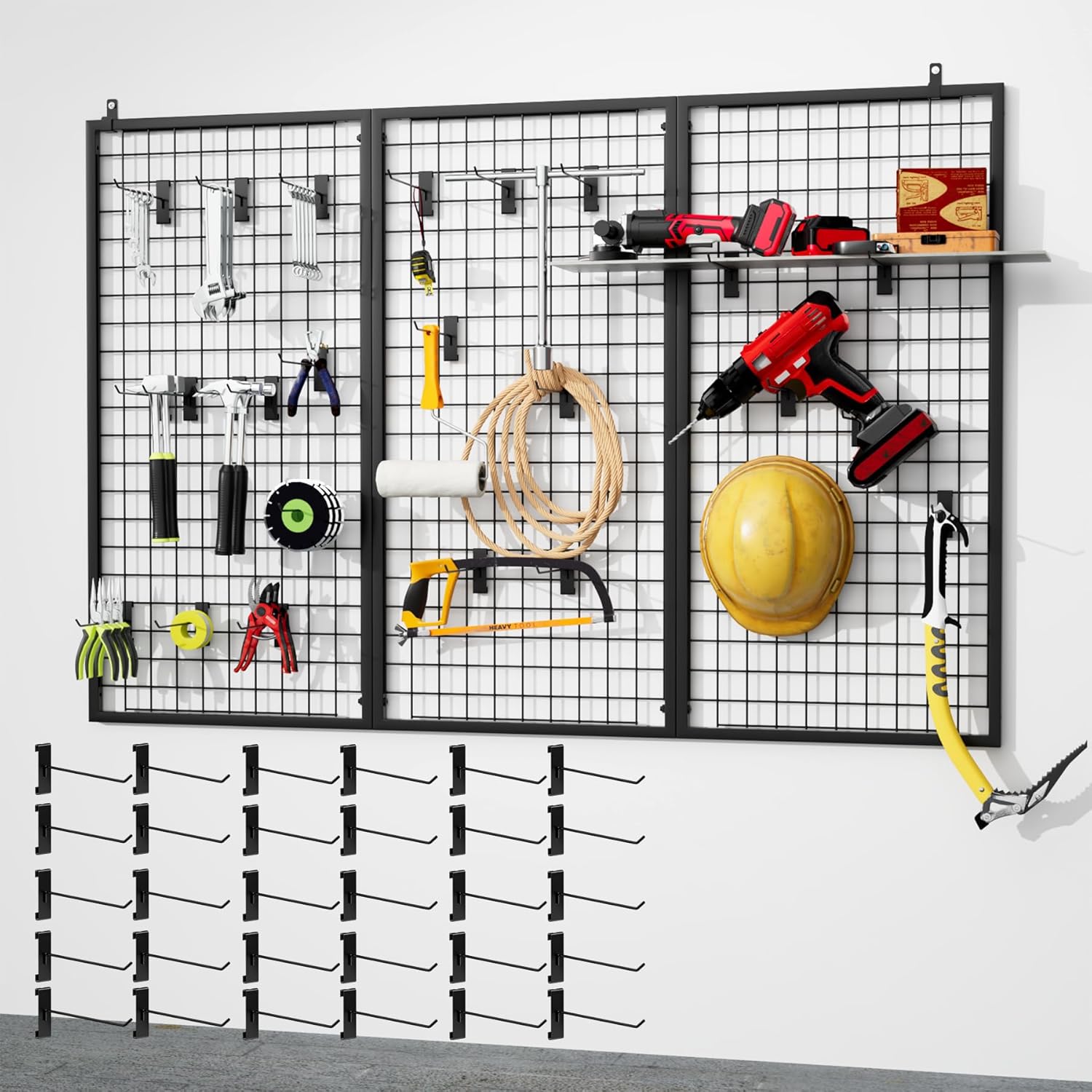 3pcs Grid Wall Panels Display Stand -Wire Grid Hanging Rack with 30 Hooks, Freely Assembled Art Display Panels/Workshop Wall Mount Storage Rack Garage Organization
