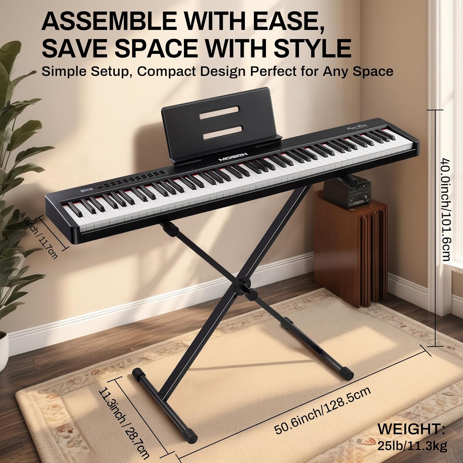 MOSEN 88-key digital piano keyboard with semi-weighted keys, double keyboard, LED display, 380 tones, 128 rhythms, 88 demo songs, Piano Lessons, keyboard stand and sustain pedal.(MSP-45BK)-Black