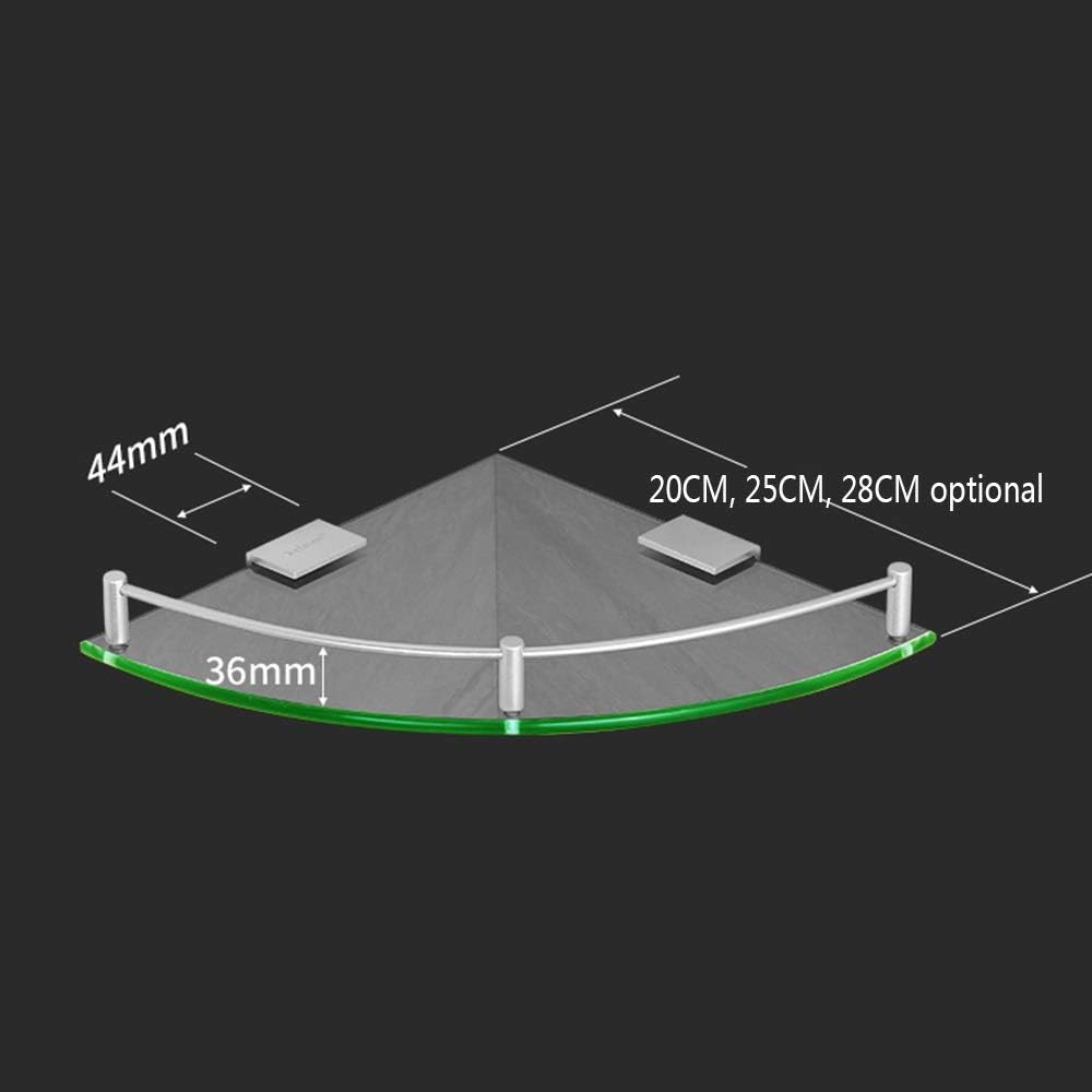 Glass Shelf Bathroom, Corner Shelf with Rails Wall Mount Silver Finish,20CM /25CM /28CM,Floating Shelf,25CM