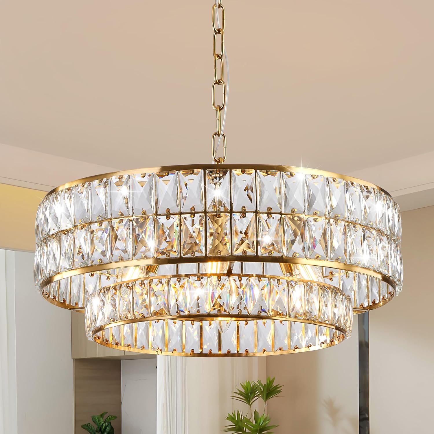 20 Inch Contemporary Luxury Crystal Chandelier, 6-Light Gold Semi-Flush Mount Ceiling Fixture, Round Crystal Pendant Design Perfect for Living Room, Dining Room, Kitchen, Foyer & Bedroom