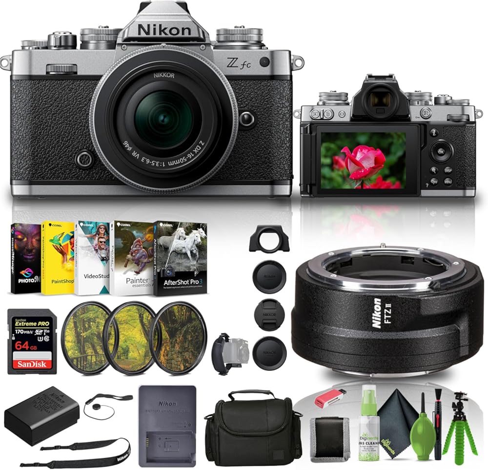 Nikon Zfc Mirrorless Camera with 16-50mm Lens Silver + FTZ II Adapter + 64GB Memory Card + Filter Kit + Bag + Card Reader + Photo Software + Tripod + Memory Wallet + Cleaning Kit + More (Renewed)