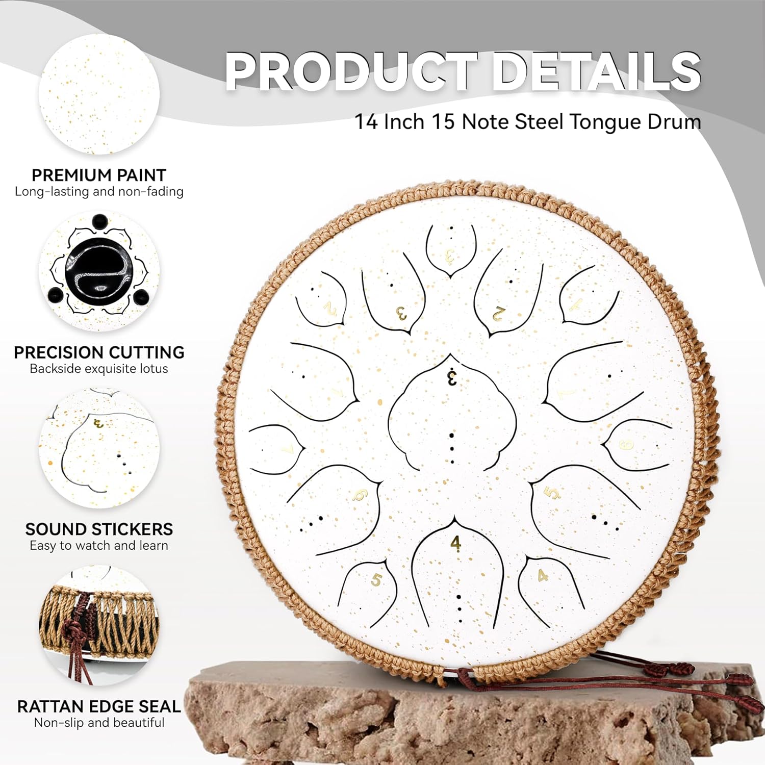Steel Tongue Drum - 14 Inch Tongue Drum Instrument - 15 Notes Hand Pan Drums with Music Book, Handpan Drums Instrument Mallets and Carry Bag, D Major White