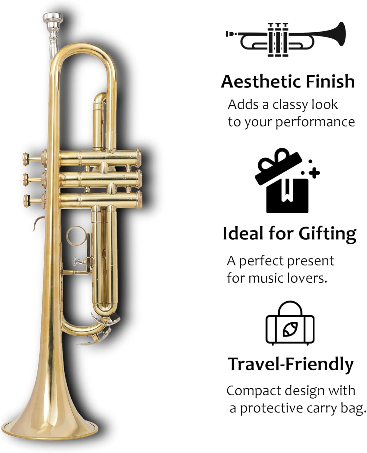 Queen Brass Trumpet Premium Kit for Beginners & Students, Brass Musical Instrument with Sturdy Case Bag, 7C Mouthpiece, Complete Cleaning Set