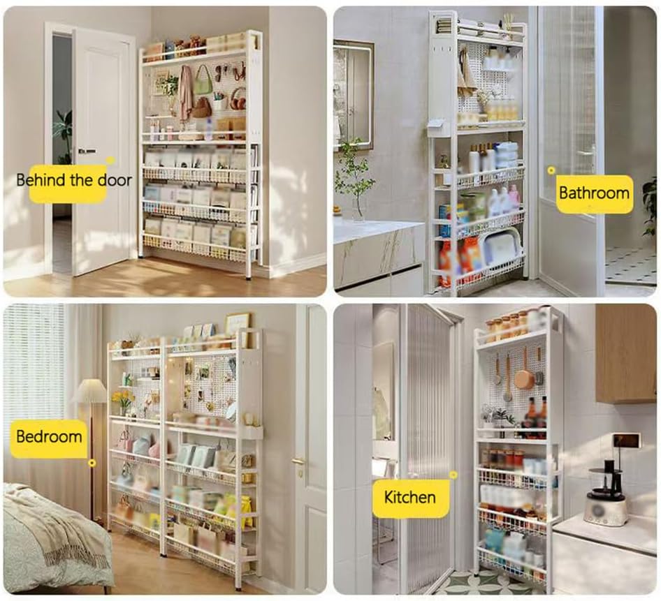 Narrow Behind Door Shelf Bookcase Multi-Purpose carbon steel material with DIY Pegboard Space-Saving Display Rack for Books Decor and Home Storage Solutions For Pantry Bedroom,52*12*188cm