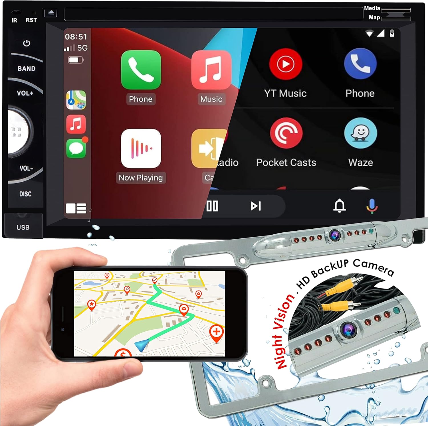 Gravity D96CP HiFi Audio Processor 6.5 Inch 1080P Touch Screen Navigation Car Stereo Work with DVD, CD, Apple CarPlay, Android Auto, Bluetooth, Mirrorlink, USB with HD Backup Camera PK3 Bundle