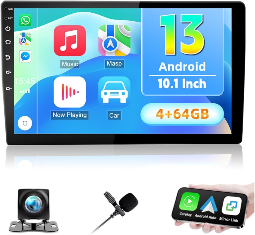 10.1 Inch Android Car Radio Double Din Wireless Apple Carplay Android Auto, Touchscreen Android 13 Car Stereo Bluetooth, HiFi, FM, GPS, WiFi, Split Screen, SWC, Mic, Backup Camera