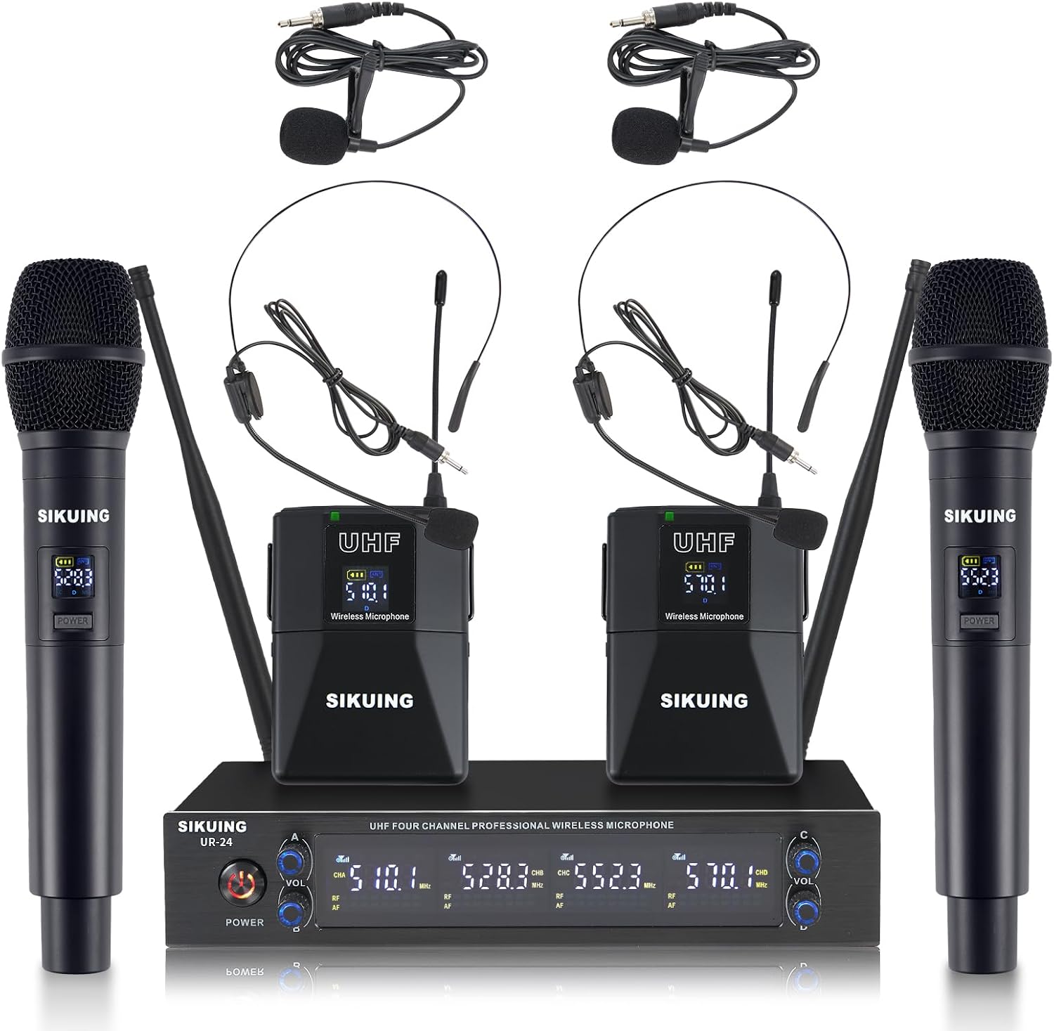 4 Channel UHF Wireless Microphone System with Lavalier Headset Mics, 4x50 Adjustable Frequencies, Ideal for Karaoke Meeting Church, 300ft Range (2 Handheld 2 Bodypack)