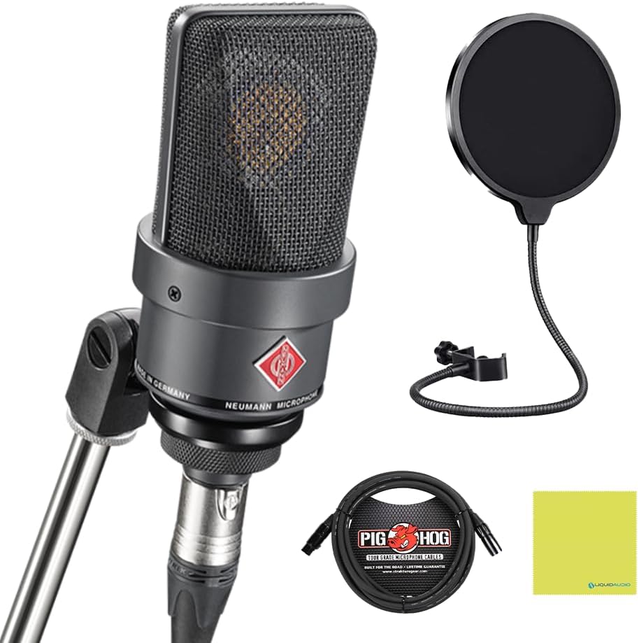 Neumann TLM 103 - MT Large Diaphragm Cardioid Condenser Microphone, Black Bundle with Pig Hog PHM10 8mm 10ft Microphone Cable, Mic Pop Filter & Instrument Polishing Cloth