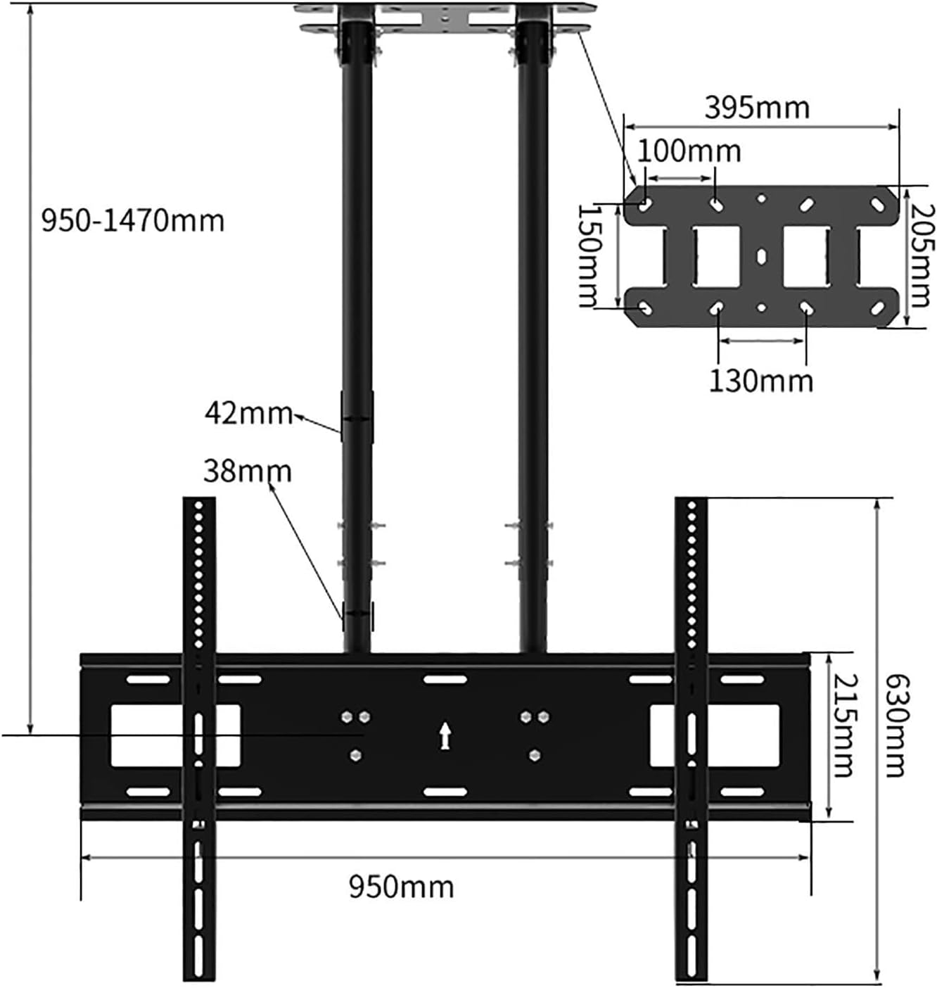 Klauer TV Monitor Wall Mount,TV Wall Mount,Ceiling TV Mount Stand - Adjustable Ceiling TV Mount Bracket, 2 Post Single Screen TV Mount, Tilt TV Mount for 40-90 Inch TVs, Max 600x400mm, Black