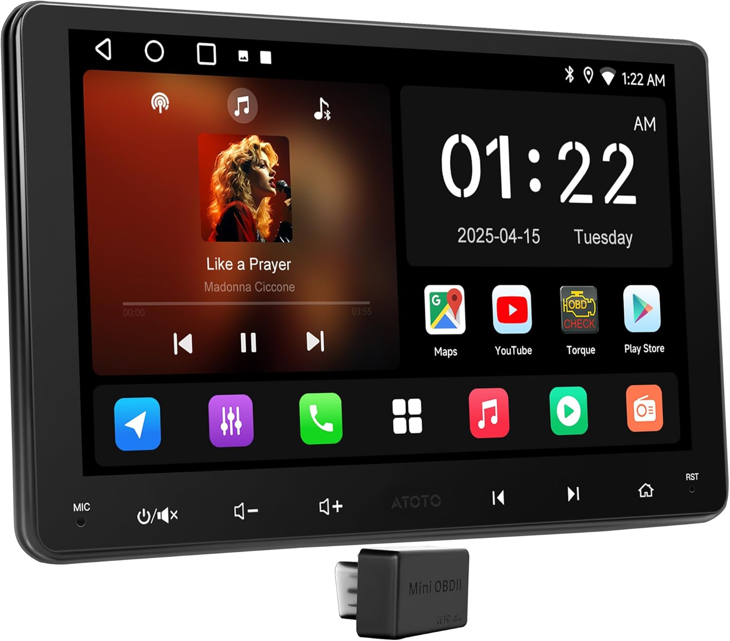 9inch Android Double Din Car Stereo with OBD2 Scanner, Wireless CarPlay & Android Auto, Wi-Fi/Bluetooth/USB, GPS Tracking, 24B EQ&DSP, Built-in AMP, HD LRV, Mirror Link