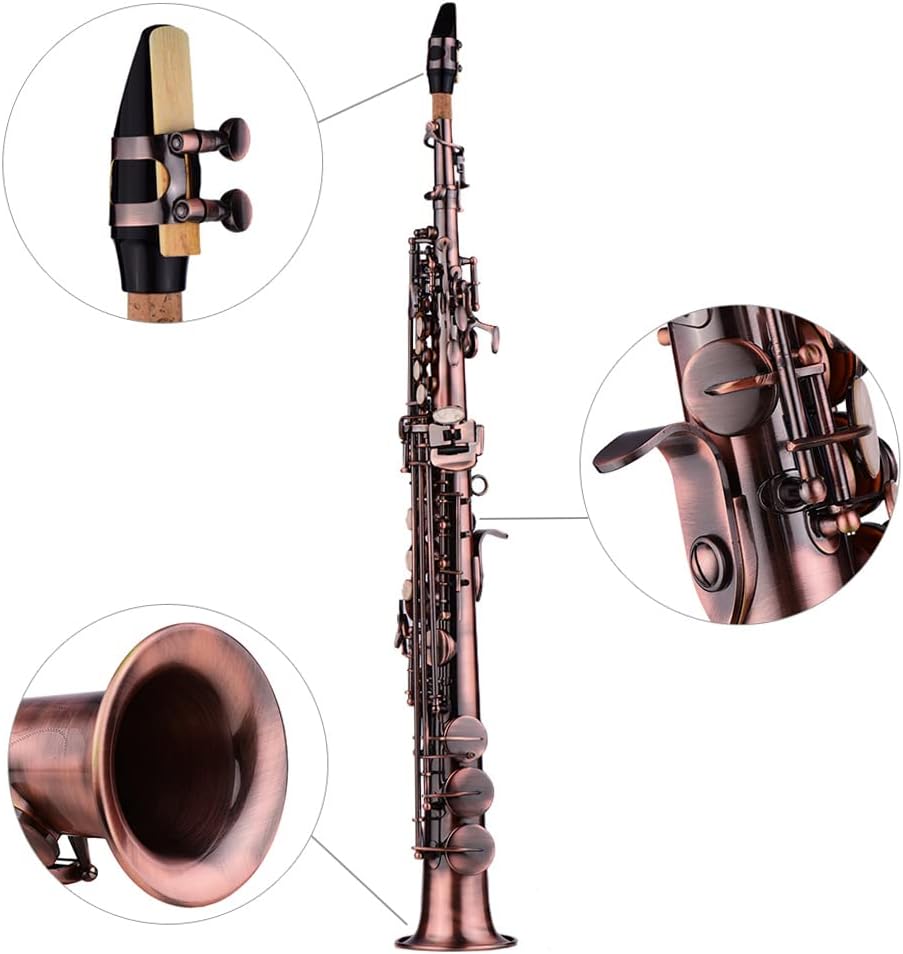Straight Saxophone Bb Soprano Saxophone Sax Professional Red Bronze straight saxophone Woodwind Instrument with Case Gloves Cleaning Cloth Straps Brush