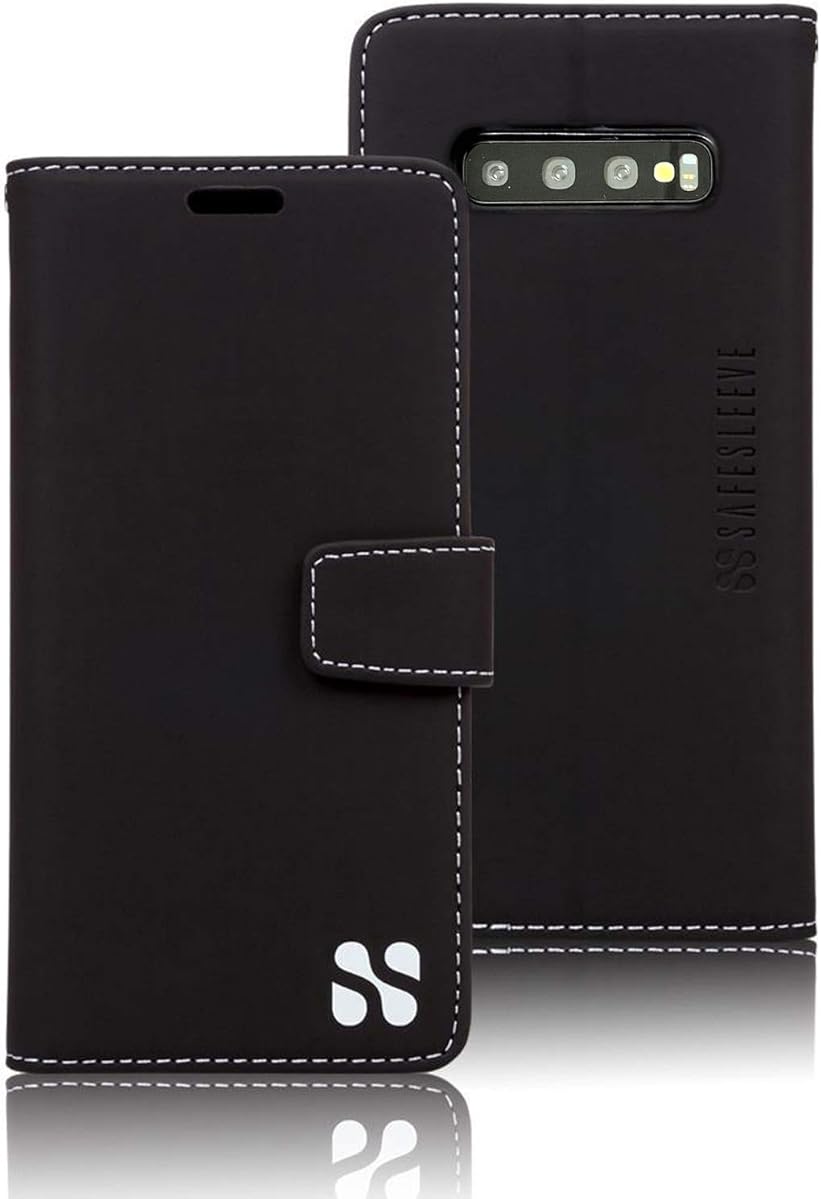 SafeSleeve EMF Protection Anti Radiation Galaxy Case: Galaxy S10 Plus RFID Card Holder Blocking Wallet, Adjustable Stand Cell Phone Case, Vegan Leather for Women & Men (Black)
