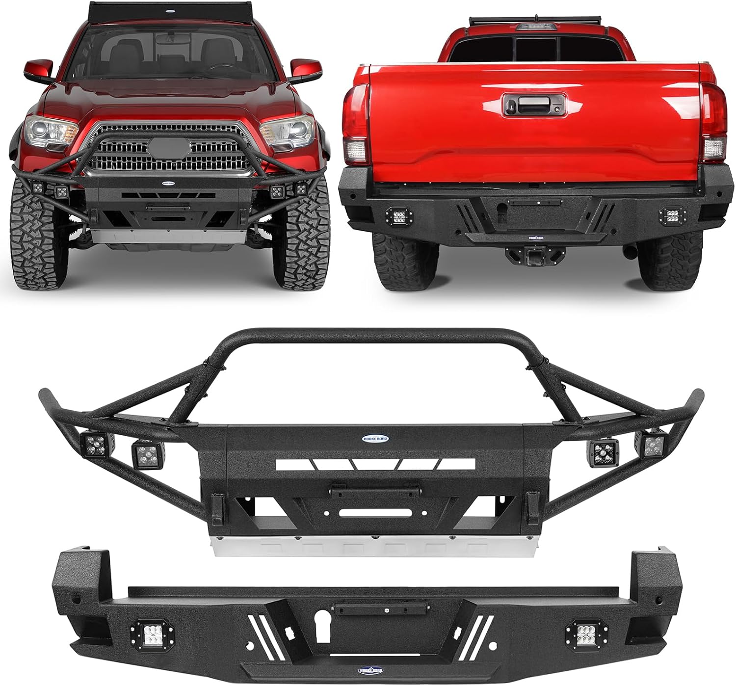 Hooke Road Tacoma Front Winch Bumper & Rear Bumper Set for 2016-2023 Toyota Tacoma 3rd Gen Pickup Truck, Solid Steel Offroad Bumpers with Skid Plate, LED Lights, Bull Bar