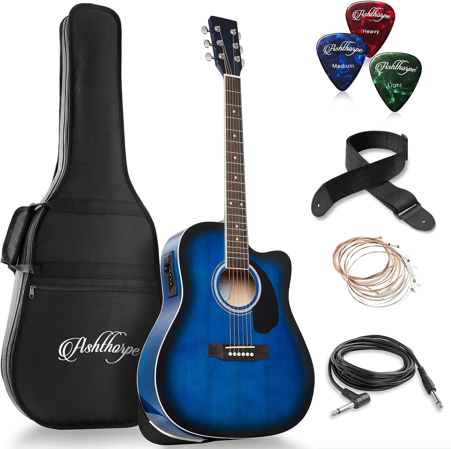 Ashthorpe Full-Size Dreadnought Cutaway Acoustic-Electric Guitar Bundle - Premium Tonewoods - Blue