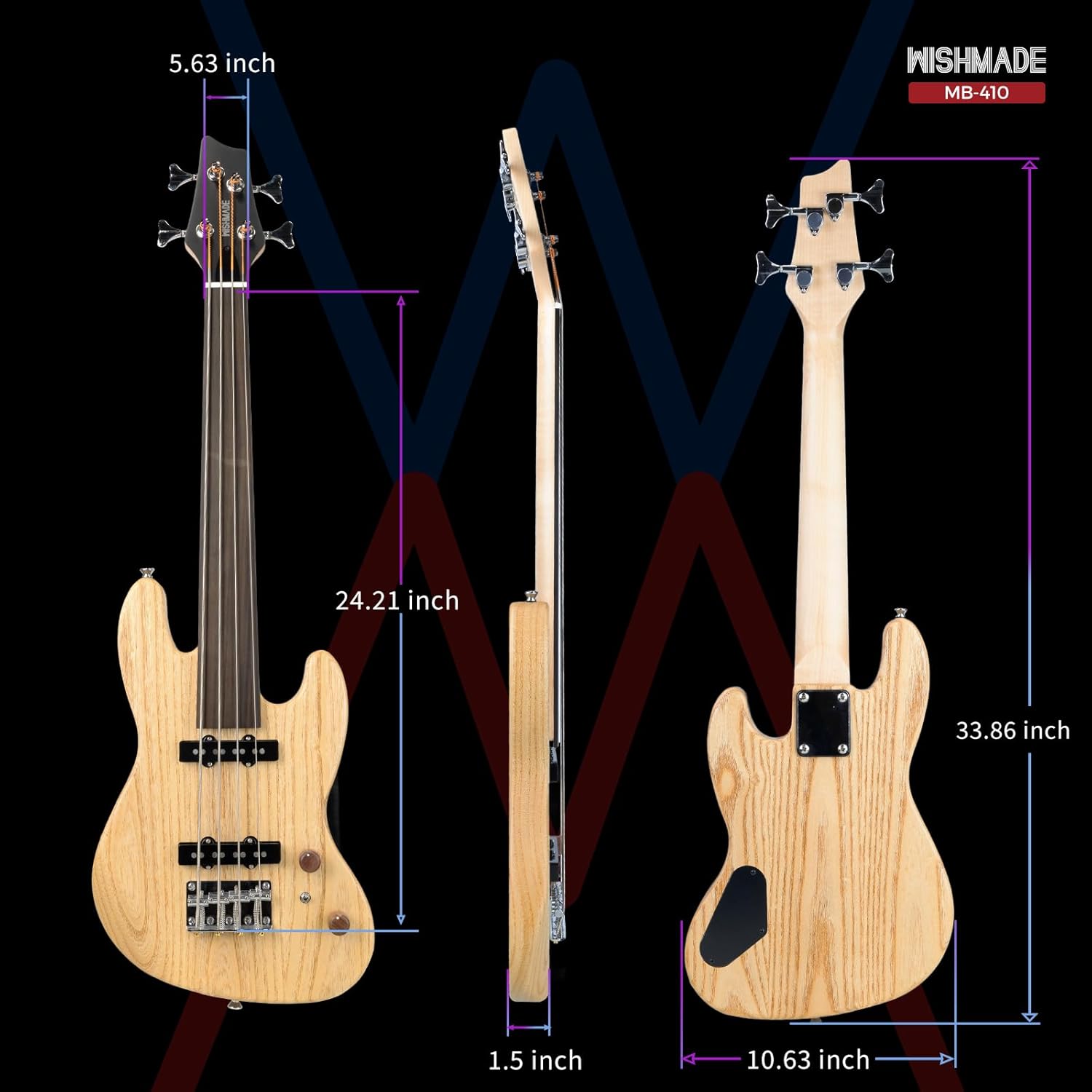 WishMade Electric Bass Guitar Fretless Mini Bass Guitar,Portable Small Size Guitar with Gigbag,Maple Neck,HH.(4 String Natural)