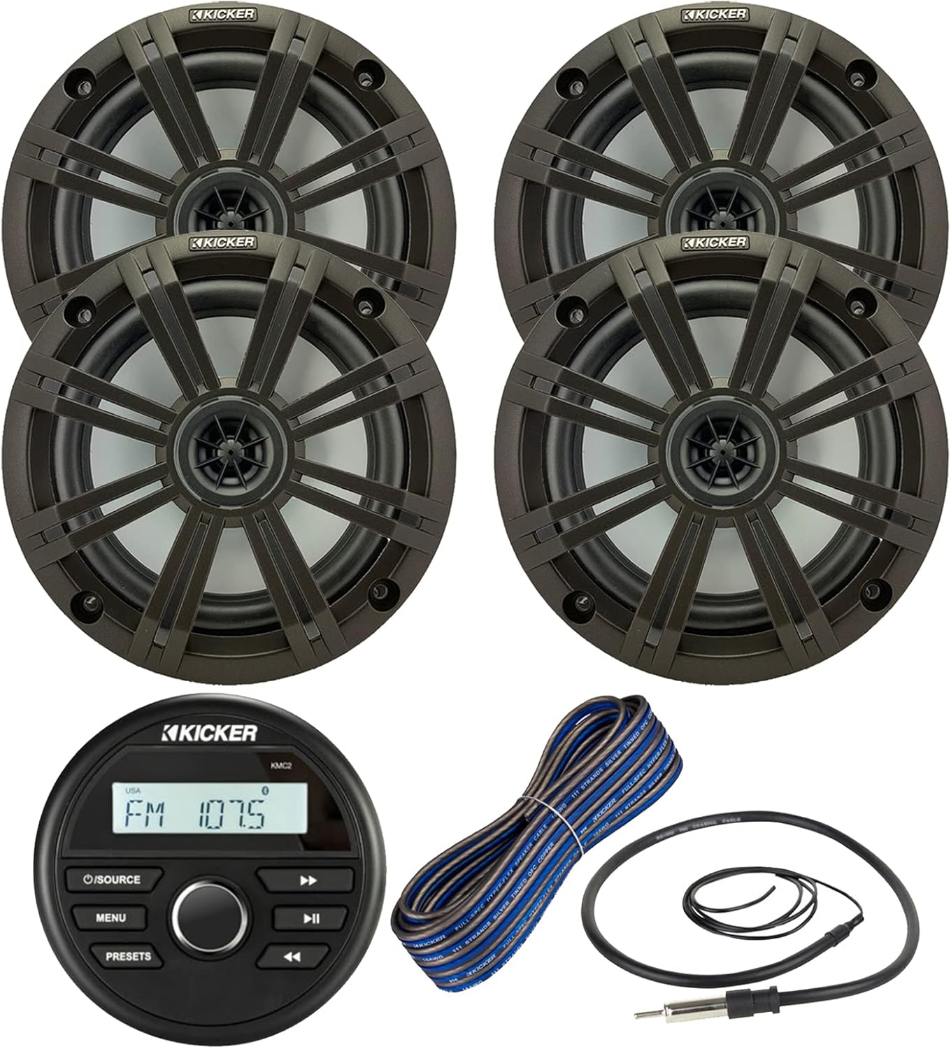 Kicker All-Weather Marine Gauge Style Bluetooth USB Stereo Receiver Bundle Combo with 2 Pair (Qty 4) 6.5