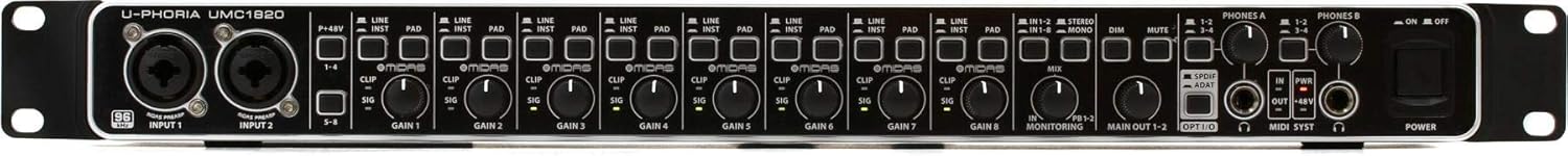 Behringer UMC1820 Audiophile 18x20 USB Audio/MIDI Interface with Midas Mic Preamplifiers and ADAT I/O | For Recording Microphones and Instruments