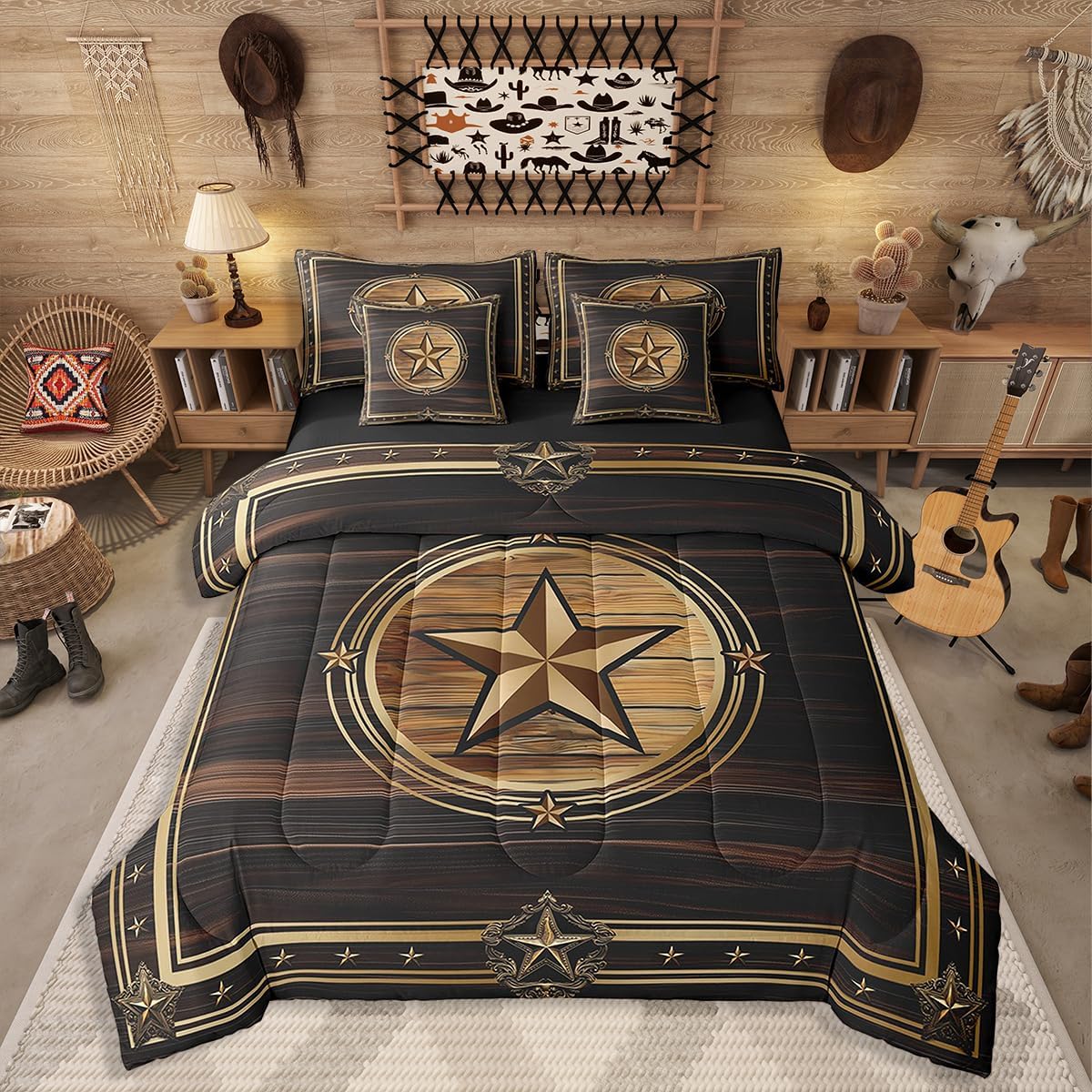 Erosebridal 7 Piece Western Texas Star Comforter Set Queen Size, Boys Southwestern Decor Bedding Set Vintage Country Cowboy Sheet Sets Rustic Farmhouse Bed in A Bag for Kids Teens Youth Adult Bedroom