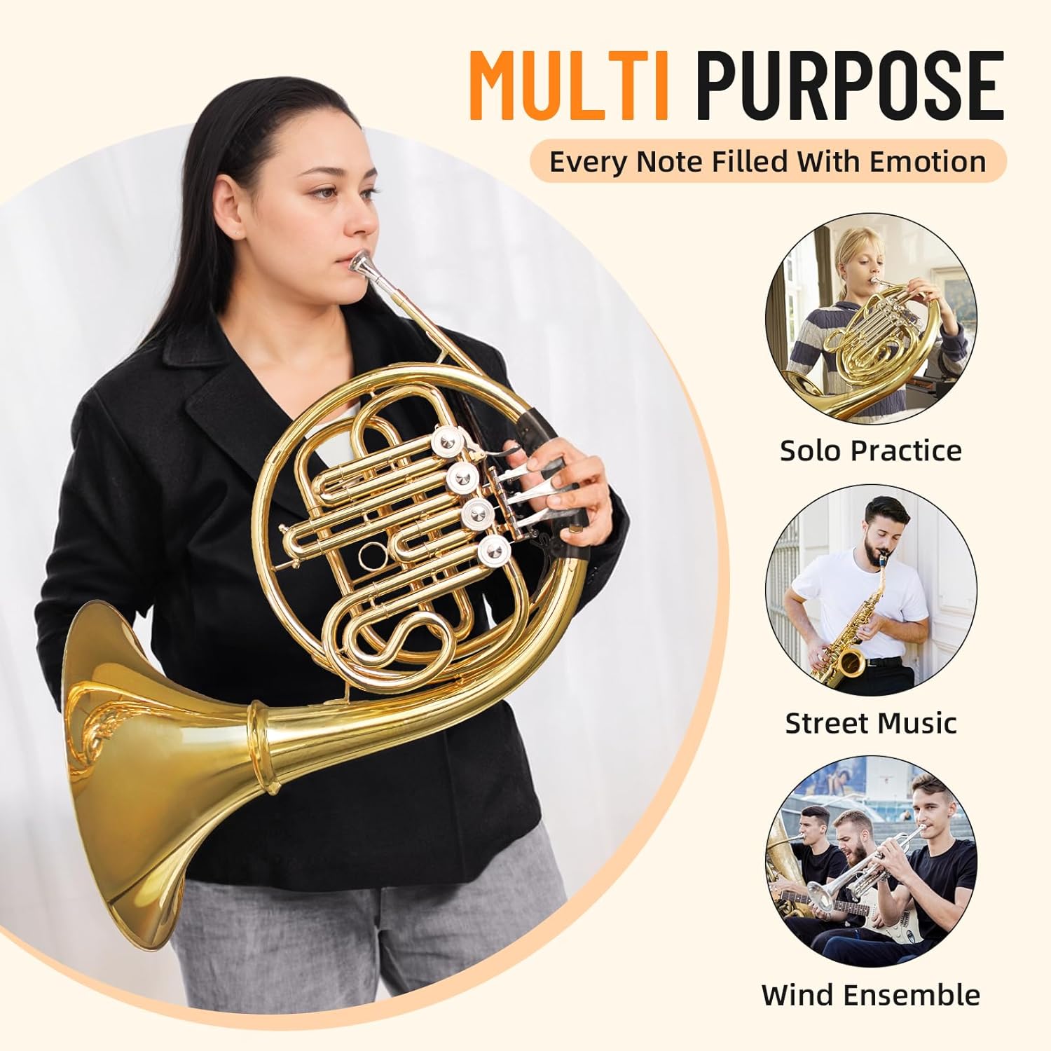 B Flat 4 Key Single Row French Horn - Brass Lacquer Gold Craft French Horn - Includes Musical Instrument Box For Beginners Examinations Professional Performance