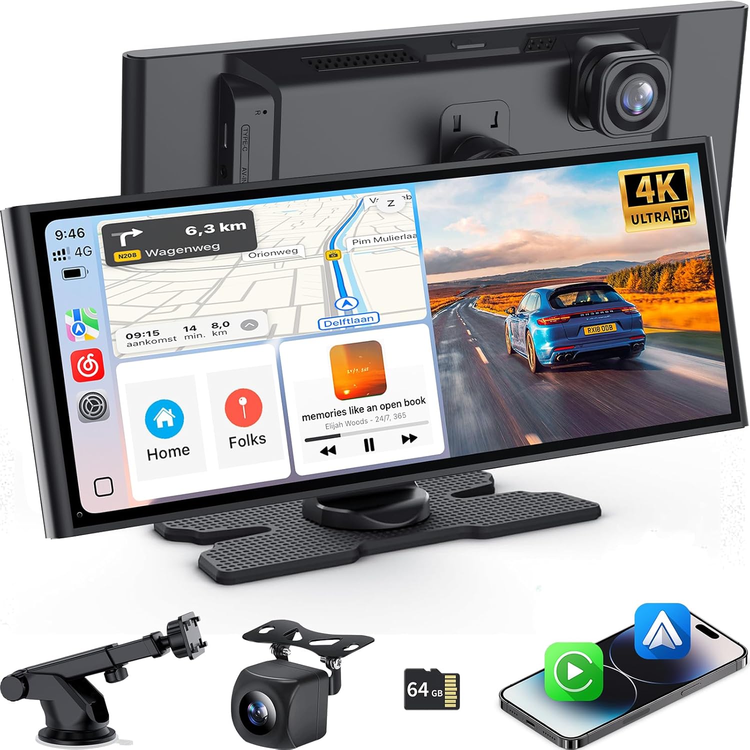 10.26 Inch Carplay Screen for Car, Wireless Carplay & Android Auto, with 4K Dash Cam & 1080P Backup Camera, Bluetooth, Navigation, Mirror Link, Voice Control, Carplay Tablet for All Vehicles