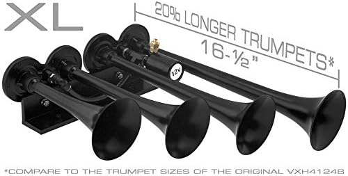 Vixen Horns Train Horn for Truck/Car. 4 Air Horn Black Trumpets (XLong). Super Loud dB. Fits 12v Vehicles like Semi/Pickup/Jeep/RV/SUV VXH4124XLB