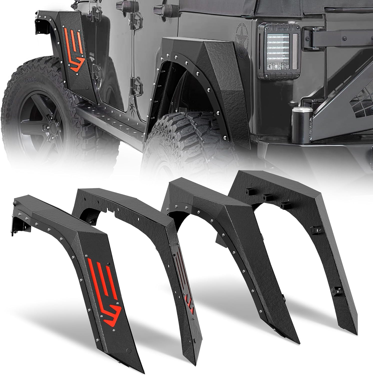 SUORTO Front & Rear Fender Flares Kit Compatible with 2007-2018 Jeep Wrangler JK JKU Unlimited 4 PCS Off-Road Heavy Duty Steel Durable Wheel Fenders Textured Black Finish Armor Style(2/4 Doors)