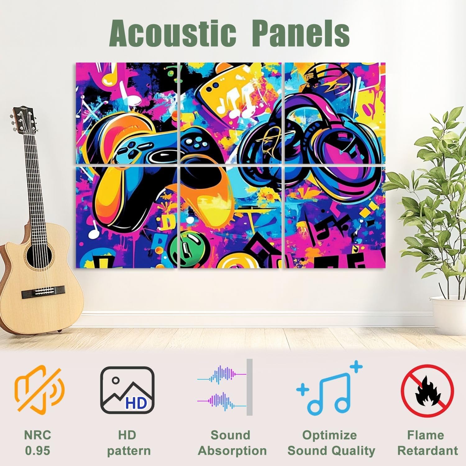6 Pack Art Acoustic Panels Sound Absorbing Game Graffiti Controller Headphones Musical Notes Colorful Splashes Decorative Soundproof Wall Panels Self Adhesive for Recording Studios Office 72