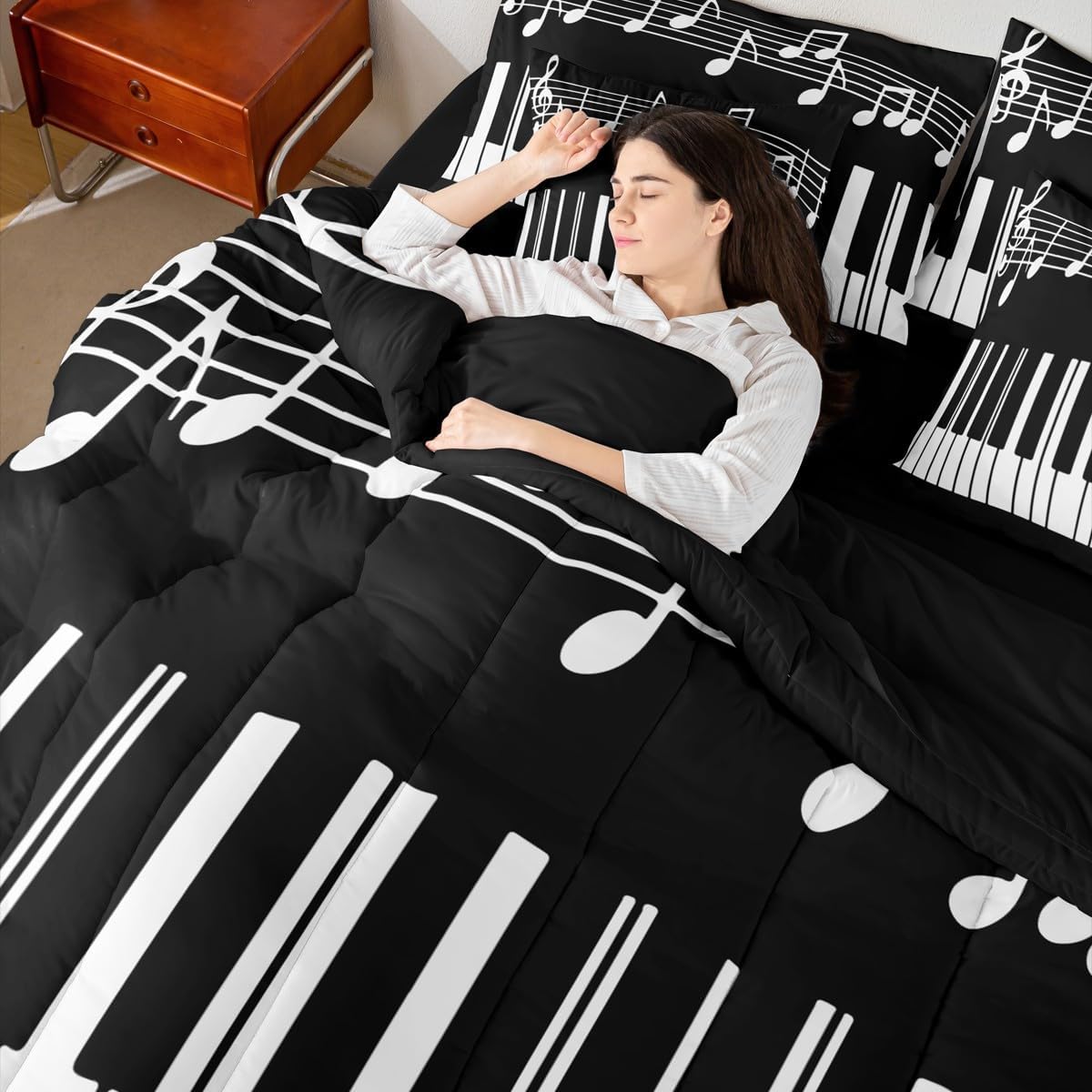 Castle Fairy Music Theme Queen 7 Pcs Bedding Sets Black White Piano Keyboard Comforter Set for Kids Teens Adults All Season (Comforter Flat Sheet Fitted Sheet 2 Pillowcases 2 Throw Pillow Covers)